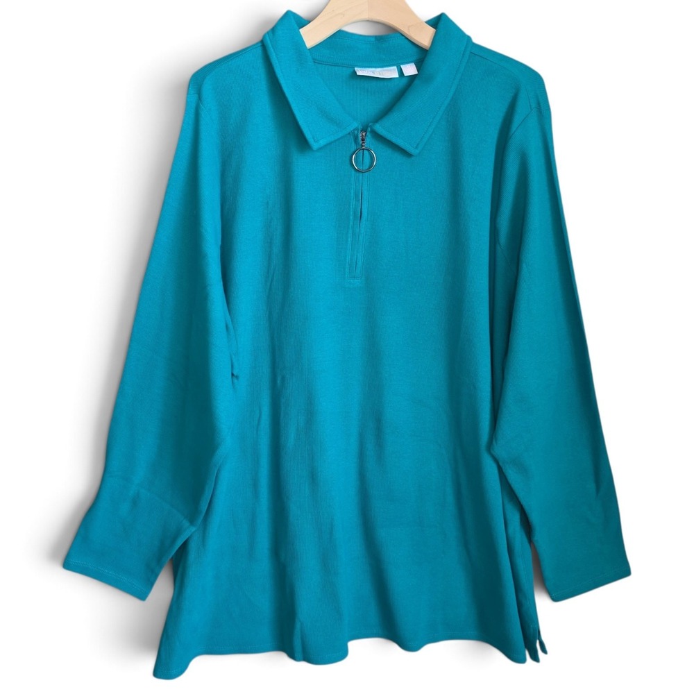 Belle by Kim Gravel Top Womens 4X Teal Blue Ribbed Quarter Zip Pullover Tunic